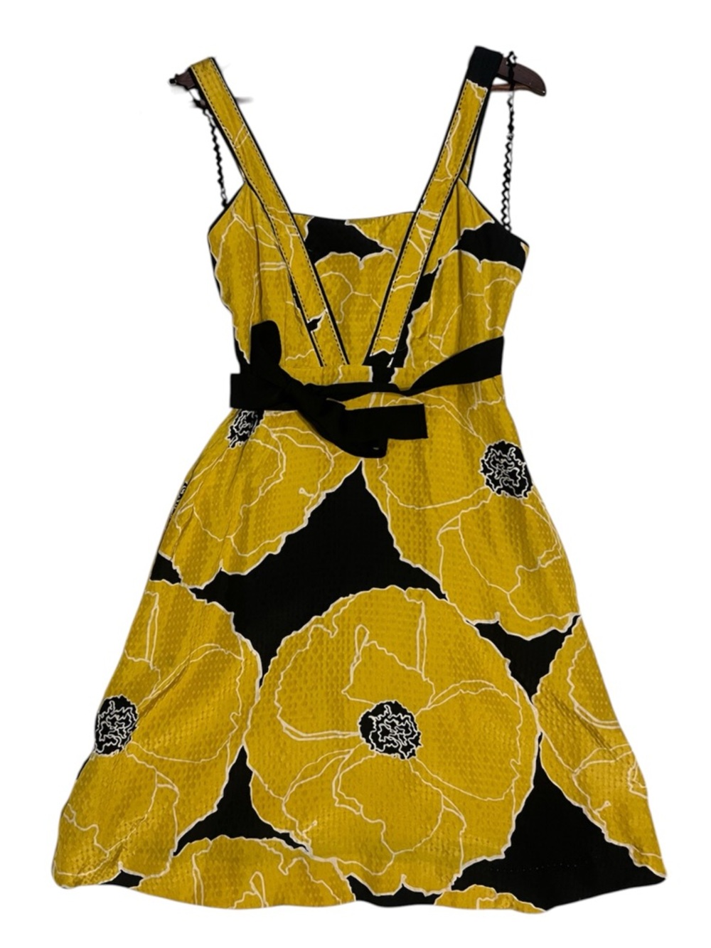 Anthropologie Moulinette Soeurs Yellow Black Floral Silk Dress Lace Trim Size 2
